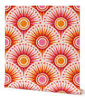 Bold Pink Geometric Sun Wallpaper With Matte Linen Texture Paste To Paper Accent Wall Roll Hella Durable Home Decor Smooth Water Based Ink Chef Kiss Upgrade Vibe displayed in vibrant pink and orange pattern.