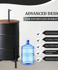 Electric Wooden Water Dispenser For 5-Gallon Bottle With Concealed Storage Silent Rechargeable Motor Black Drum Design