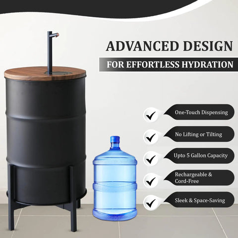Electric Wooden Water Dispenser For 5-Gallon Bottle With Concealed Storage Silent Rechargeable Motor Black Drum Design