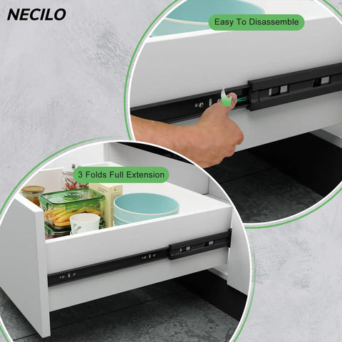 Soft Close Drawer Slides Full Extension Ball Bearing 100 Lb Capacity for filing cabinets and dressers, shown in kitchen use.