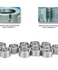 Super Heavy Duty 10 Piece Stainless Steel Wire Thread Inserts M18x1.5 For Damaged Hole Repair Kit With Precise Drill Bit Installation Tool, sectional views