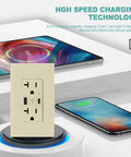 High Speed USB C Wall Outlet With Type C Fast Charge 4.8A 20 Amp Tamper Resistant Receptacle in ivory near charging devices.