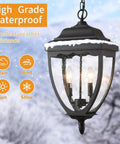 Outdoor Pendant Light Fixture For Porch And Entryway In Black Finish With Seeded Glass Lantern Chandelier for all-weather use