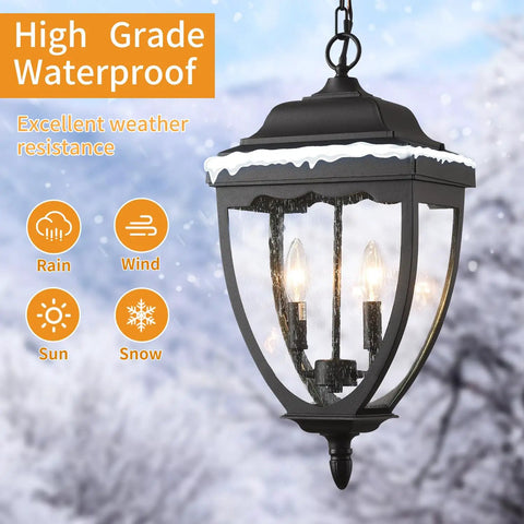 Outdoor Pendant Light Fixture For Porch And Entryway In Black Finish With Seeded Glass Lantern Chandelier for all-weather use