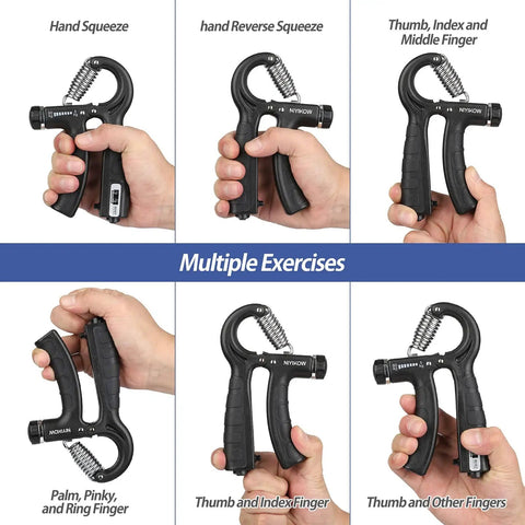 2 Pack Grip Strength Trainer With Counter, Adjustable Hand Grip Exerciser For Forearms, 11-132 Lbs Resistance, multiple exercises shown