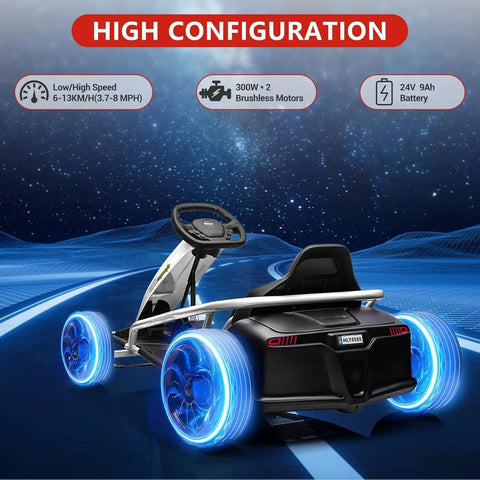 Teen Go Kart With 24V 9Ah Battery Dual 300W Motors Extra Powerful Up To 8 MPH Drifting Fun With Music Horn Outdoor Ride