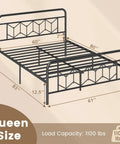 Heavy Duty Queen Metal Platform Bed Frame With Victorian Diamond Headboard And Footboard, Built Tough No Box Spring Needed, Super Sleek Under Bed Storage, Legit Room Upgrade, Matte Black dimensions showcasing size and load capacity.