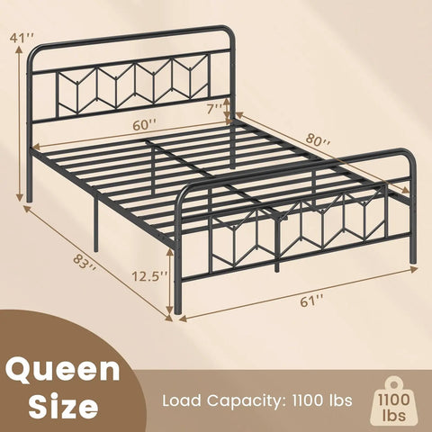 Heavy Duty Queen Metal Platform Bed Frame With Victorian Diamond Headboard And Footboard, Built Tough No Box Spring Needed, Super Sleek Under Bed Storage, Legit Room Upgrade, Matte Black dimensions showcasing size and load capacity.