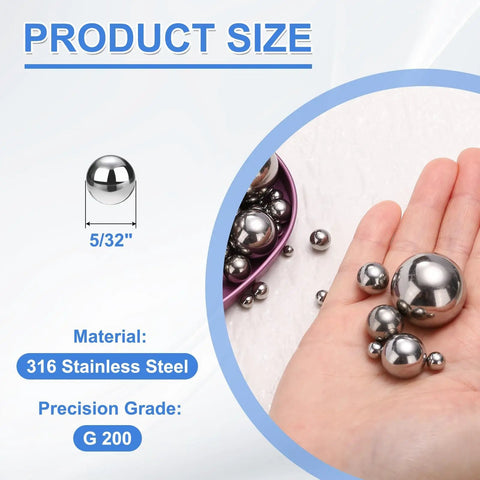 100 Pcs Genuine 5/32 Inch Grade G200 Precision Balls Tough As Nails 304 Stainless Steel Bearing Spheres With Smooth Finish For Heavy Duty Machinery Auto Repair And Diy Projects displayed with size and material details.
