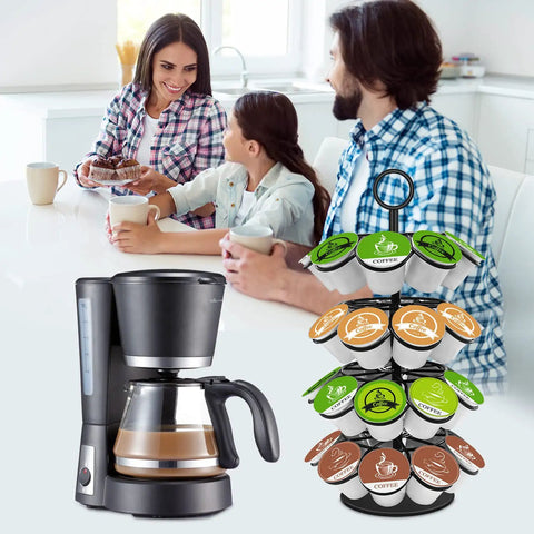 Family enjoying coffee with Super Handy 36 Pod K Cup Organizer That Spins 360 Degrees Detachable Coffee Pod Holder on countertop