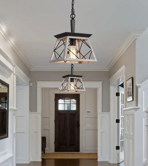 Farmhouse Style Pendant Light Fixture For Dining Room Hallway Entryway And Kitchen Island 1 Light Industrial Chandelier With Oak White Frame And Black Matte Iron Finish UL Listed For Indoor Living Spaces illuminated in hallway.