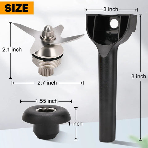 Wet Blade Assembly With Wrench And Drive Socket Tool Kit For Blenders Compatible With Vitamix 5200 Series 64oz And 32oz Mixer Containers Replacement Part For Kitchen DIY Repair And Smooth Blending, showcasing blade, wrench, socket dimensions.