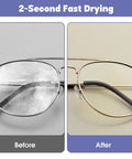 Large eyeglasses cleaning wipes, 200-pack, pre-moistened; side-by-side before and after of metal-frame glasses.