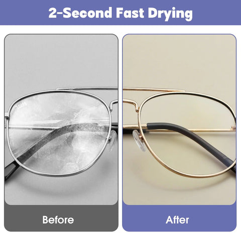 Large eyeglasses cleaning wipes, 200-pack, pre-moistened; side-by-side before and after of metal-frame glasses.