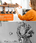 Woman using 29 Inch Wall Coat Rack With Shelf 4 In 1 Organizer With 11 Hooks Hangs Coats Keys Hats Bags And Mail In One Spot