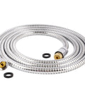 Heavy Duty All Metal Shower Hose 90 Inch Stainless Steel Brass Fittings Chrome coiled with brass fittings visible