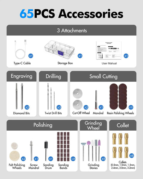 65 pieces of accessories for Badass Cordless Mini Rotary Tool, including engraving bits, sanding bands, polishing wheels, and collets.
