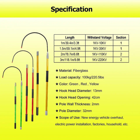 Pro Grade Fiberglass High Voltage Insulated Rescue Hook Telescopic Pole specifications and features including material and load capacity.