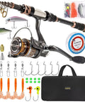 All In One Fishing Rod And Reel Kit With Telescopic Carbon Fiber Pole And Spinning Reel Twelve Plus One Shielded Bearings Travel Carrier Case Lures Hooks Line And Essentials For Saltwater And Freshwater displayed with accessories.