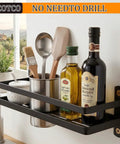 Wall-mounted kitchen shelf holding olive oil, balsamic vinegar, and utensils with "no need to drill" label