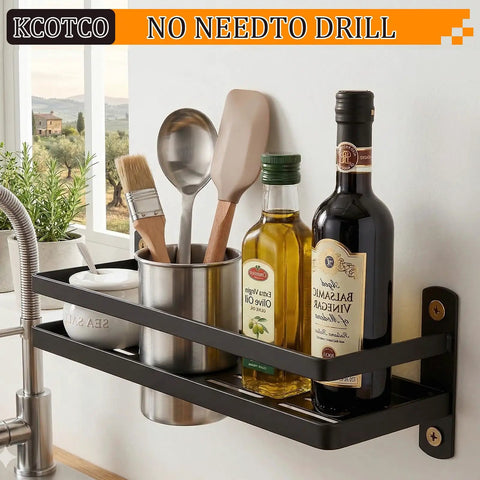 Wall-mounted kitchen shelf holding olive oil, balsamic vinegar, and utensils with "no need to drill" label