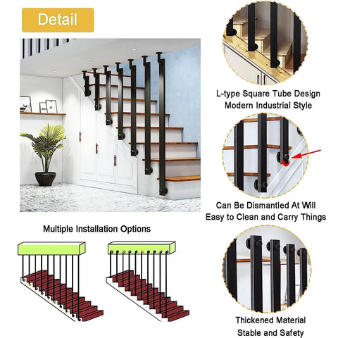 Rock Solid Matte Black Wrought Iron Handrail Adjustable Wall Mounted Stair Railing With Hella Grippy Nonslip Grip and Dang Easy Side Mount Brackets For A Badass Secure Way Upstairs, L-type square tube design.