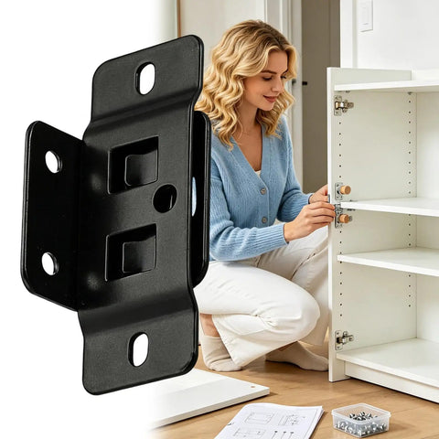 Rock Solid Quick Fit Furniture Joint Bracket, Metal Corner Brace for Beds, Cabinets, and Bookshelves shown with cabinet installation