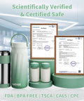Portable Stainless Steel Breast Milk Cooler With 360 Degree Chill Holds Two Bottles For 24 Hours Mama Approved, featuring safety certifications.