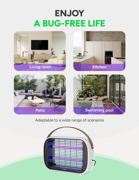 LED Bug Zapper Indoor Dual Band Attraction Mosquito Killer With 50,000 Hour Long Lasting LED Energy Saving High Voltage Electric Fly Trap Fly Killer For Indoor Use installed in living room, kitchen, patio, and swimming pool areas.