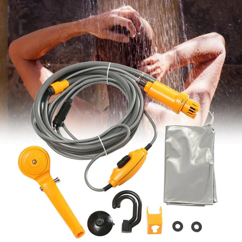 Portable Camping Shower Kit With 12V Pump Steady Water Flow ABS Body Outdoor Handheld Shower and accessories displayed.