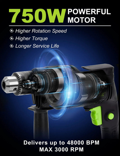 Beefy Half Inch Corded Hammer Drill for Concrete with Variable Speed 750W Motor Highlight