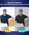 Delivery person holding a box, day and night mode comparison showcasing Video Doorbell System With 8 Inch Touch Screen Monitor's night vision feature.