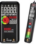 Rechargeable Multimeter And Voltage Tester Kit With Color LCD Display And EBTN Readout showing voltage and resistance readings on screens.