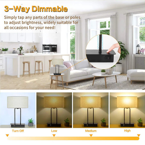 3-Way Dimmable Noiseless Touch Control Table Lamp with LED bulb in living room, showcasing brightness levels and USB ports.