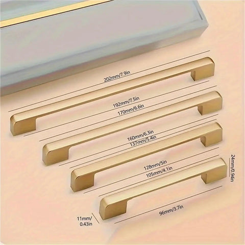 12 Pcs Matte Golden Aluminum Cabinet And Drawer Pulls Set, 192mm Length, Painted Finish, Sleek Dope Hardware Displayed