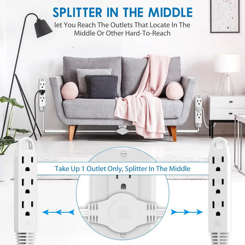 12ft Twin Extension Cord Power Strip With 6 Outlets On Each Side, Flat Head Plug, Indoor Use, ETL Listed under a couch