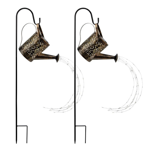 2 Pack Solar Waterfall Watering Can Lights For Garden, LED Copper Outdoor Stake Lamps with delicate hollow patterns on stakes
