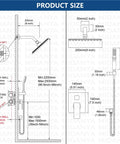 Technical diagram of polished chrome rain shower system with 8-inch square head, wall-mount, handheld sprayer, valve, and trim