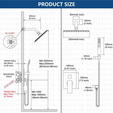 Technical diagram of polished chrome rain shower system with 8-inch square head, wall-mount, handheld sprayer, valve, and trim