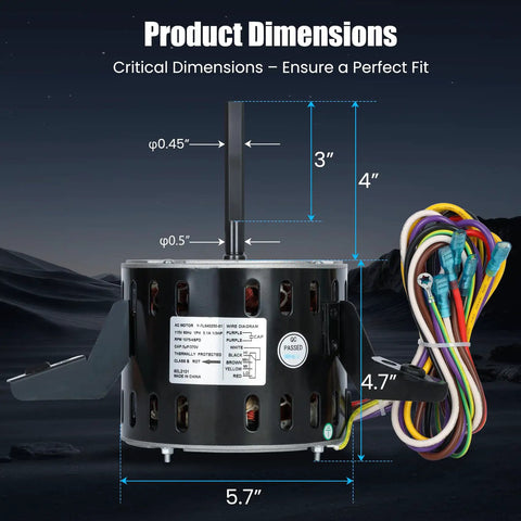 1/3 HP Furnace Blower Motor 115V 1075 RPM Four Speed Replacement dimensions with wires and shaft details