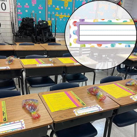 Classroom desks with Colorful Dot Desk Nameplates Set 9.5x3 Inches For Kids Classrooms, 48 Pcs Confetti Watercolor Manuscript Name Plates.
