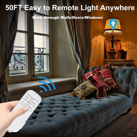 Remote Control Light Socket With Timer Kit for E26 and E27 Bulbs, hand holding remote near a lamp in a cozy room