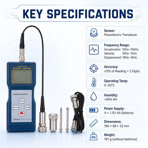 Digital Vibration Meter VM-6320 for Vibration Analysis and Mechanical Vibration Meters, blue handheld unit with probe and accessories