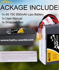 14.8V 4S 75C 850mAh LiPo Battery Pack With XT30 Plug For FPV Drones And Multirotors, box and manual in background