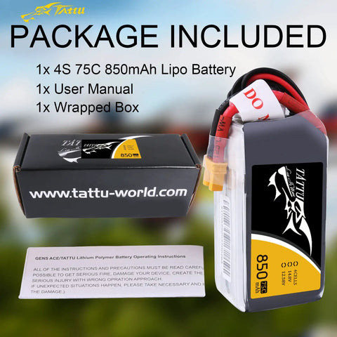 14.8V 4S 75C 850mAh LiPo Battery Pack With XT30 Plug For FPV Drones And Multirotors, box and manual in background