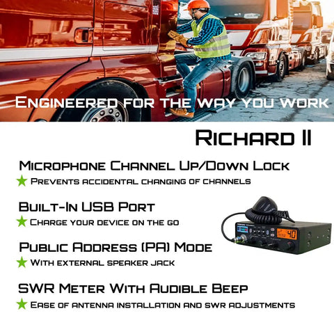 Richard II 10 Meter Amateur Radio for Truck Install 28 to 29.7 MHz displayed with installation features in semi truck setup
