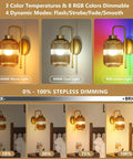 Slick Vintage Gold Wireless Wall Sconces Set Of Two Rechargeable Battery Operated Lights With Amber Stripe Glass Shades And Remote in various brightness levels