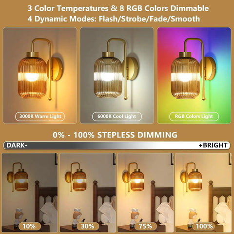 Slick Vintage Gold Wireless Wall Sconces Set Of Two Rechargeable Battery Operated Lights With Amber Stripe Glass Shades And Remote in various brightness levels