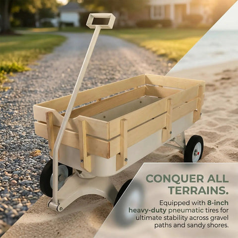 Steel Frame Wagon With 8 Inch All Terrain Air Tires And Wooden Side Panels on sandy and gravel path