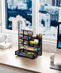 Mesh Pen Holder Desk Organizer With Drawer Ultra Versatile Pencil Organizer And Office Supplies Caddy on desk setup